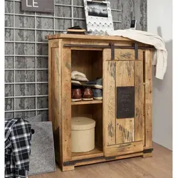 Massivmoebel24 Kommode Mango RAILWAY - Kommode im Industrial-Stil aus langlebigem Mango-Holz mit einzigartigen Wurmlöchern und hochwertigen Metallapplikationen. Individuell platzierbare Schiebetüren für einen persönlichen Look.