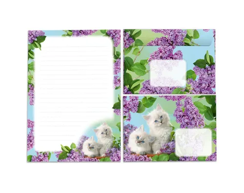 JUNAPACK Briefpapier Set Kinder Briefblock A5 mit Umschlägen Notizblock Papier Katzen lila, Kinder-Briefpapier A5 mit 15 Umschlägen, liniert & leicht beschreibbar