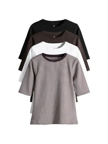 THE SET Damen T-Shirts mit Rundhalsausschnitt und halblangen Ärmeln, 4er-Pack Black/Chocolate Brown/White/Stripe M