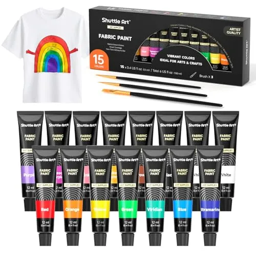 Shuttle Art Textilfarbe waschmaschinenfest 15x12ml, mit 3 Pinsel | Stoffmalfarben waschfest in Tube, wasserfeste Stofffarben für Erwachsene, Kinder zum Malen und Färben auf T-Shirt, Jeans