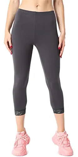 Bellivalini Damen 3/4 Capri Leggings aus Bio-Baumwolle mit Spitze für Tunika BLV50-224 (Graphit, S)