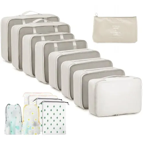 GIBOHOM Koffer Organizer Set, 15 Stück Packing Cubes, Wasserdichte Kleidertaschen für Urlaub und Reisen, Travel Organizer, Reiseorganizer mit Packtaschen Transparentem, Beige