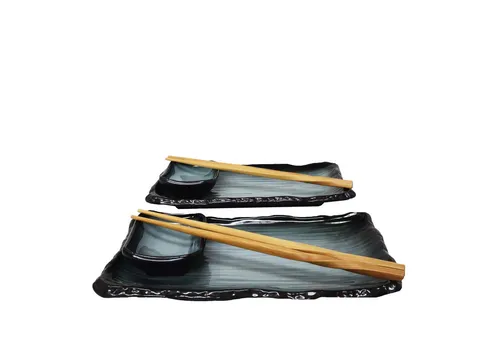 MystiCalls Sushiteller Set für 2 Personen – Blau/Schwarz - Elegantes Sushiteller Set aus spülmaschinenfestem Keramik für 2 Personen, ideal für gemütliche Sushi-Abende zu Hause oder Partys.