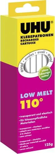 UHU Klebepatrone Low Melt, 125 g - Ideal für Bastelprojekte - Klebeprodukte für Niedrigtemperatur-Klebepistole, elastisch und perfekt für hitzeempfindliche Materialien. Klebt Holz, Pappe, Metall und mehr – ideal zum Basteln und Reparieren!