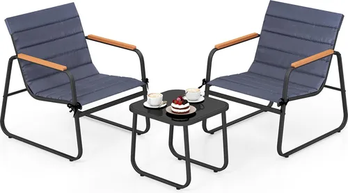 COSTWAY 3-teiliges Gartenmöbel Set mit Stühlen und Tisch - Komfortables Balkonmöbel-Set mit atmungsaktiven Kissen und robustem Metallrahmen. Ideal für kleine Außenbereiche, bietet es Stabilität und ein ansprechendes Design.