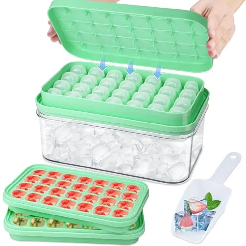 Eiswürfelform mit Deckel, 2 Silikon Eiswürfelbehälter & 1 Eiskübel & 1 Schaufel, Einfaches Drücken, um das Eis zu lösen, Eiswürfelform Groß BPA Frei Stapelbar Für Cocktails Whisky Babynahrung - Grün