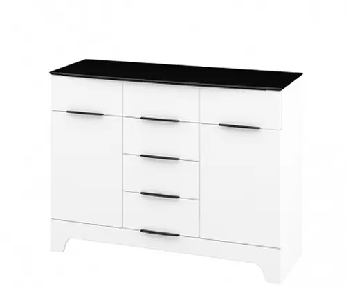 Sideboard Verona Kommode 121cm in Weiß Hochglanz mit Schwarz - Kommode im modernen Design, ideal für stilvolle Wohnräume. Bietet großzügigen Stauraum mit 6 Schubladen und 2 Türen für Ordnung und Eleganz.