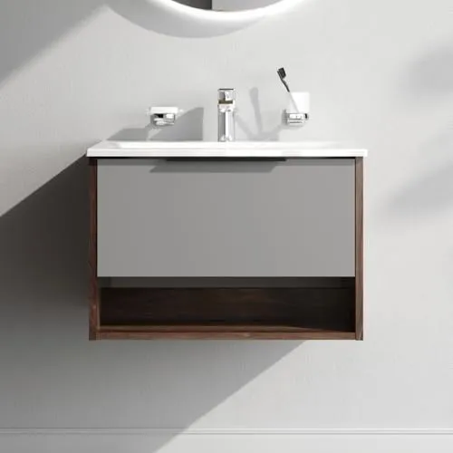 AM.PM Waschbeckenunterschrank Grau matt Hängend mit Waschbecken, Badezimmerschrank, Badmöbel Set für Badezimmer, Waschtischunterschrank mit 1 Schublade + offene Nische, 60 cm breit