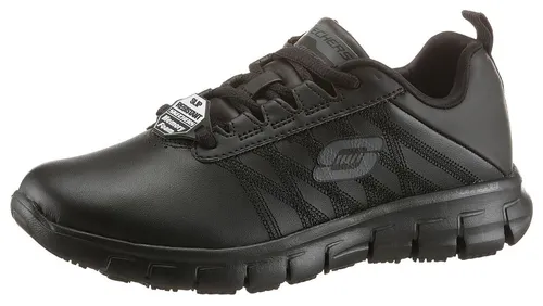 Skechers Damen Sure Track Erath Slip On Sneaker - Bequemer Slip-On in Schwarz - Sneaker mit rutschfester Gummi-Außensohle und Ölbeständigkeit, ideal für den Arbeitsalltag. Genießen Sie den Komfort der Skechers Memory Foam Einlegesohle und das Relaxed Fit Design für eine perfekte Passform.