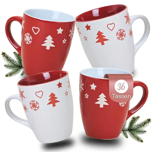 matches21 HOME & HOBBY Tasse Weihnachtstassen 36 Stk. Karton Weihnachtsdekor in rot weiß, 36-tlg., Keramik, Schöne 300 ml Keramik Kaffee-Tassen Hygge Weihnachtsmotive