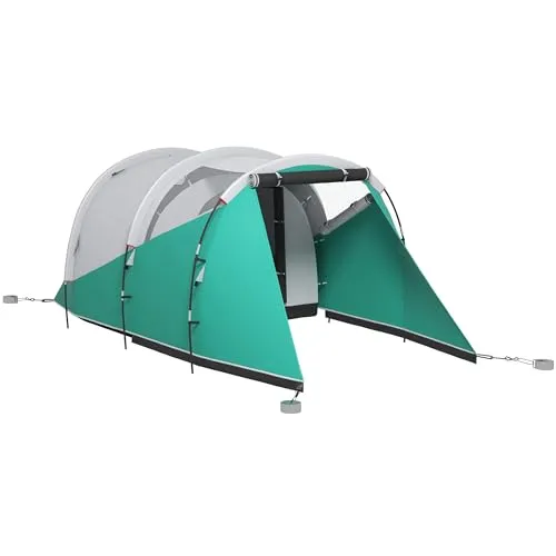 Outsunny Tunnelzelt, Campingzelt für 5 Personen, Familienzelt mit 2 Räumen, Tragetasche, 3000mm Wasserabweisend Gruppenzelt, für Garten, Campingplatz, Grün