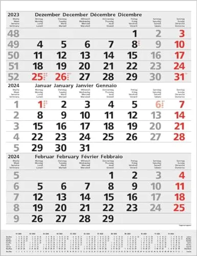 3-Monats-Planer Comfort Grau 2024: 3-Monatskalender groß I Wandplaner / Bürokalender mit Datumsschieber, Vor-und Nachmonat und Jahresübersicht I 30 x 39 cm