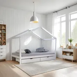 Homestyle4u Kinderbett 90x200 Hausbett mit Dach - Stilvolles Hausbett aus Holz in Weiß, Grau oder Natur, inkl. Lattenrost und 2 praktischen Schubladen für zusätzlichen Stauraum, ideal für Kinderzimmer.