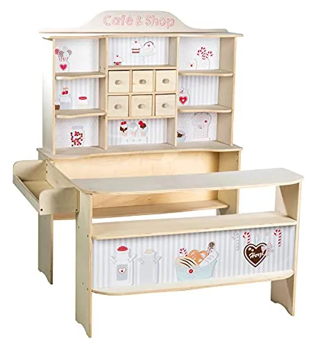 roba Kaufladen 'Café & Shop' aus Holz - Holz Kaufladen für kreative Rollenspiele, mit 6 Schubladen und liebevoller Bedruckung – ideal für das spielerische Lernen von Zahlen und Mengen.