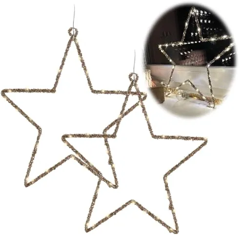 LS-LebenStil 2x 35 LED Leuchtstern Weihnachtsstern Ø 38cm Set Gold Timer Batterie Beleuchtet Adventsstern Fenster-Deko Fensterbilder Weihnachten Lichter-Kette hängend Batteriebetrieb Weihnachts-Deko