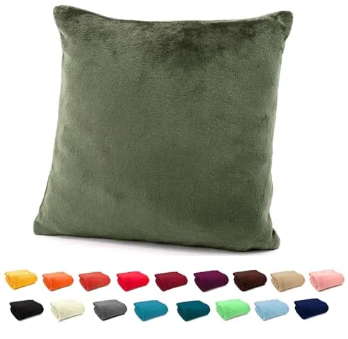 heimtexland ® Flanell Kuschel Kissen Super Soft Dekokissen Plüsch Typ380 Kissenhülle Oliv 48x48 cm