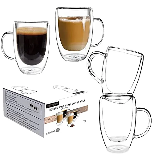 Doppelwandige Design-Glastassen mit Griff für Tee und Kaffee, isolierte Gläser, hitzebeständiger Thermobecher für Cappuccino, Latte, Teegetränke (Set mit 4 Stück à 450 ml)