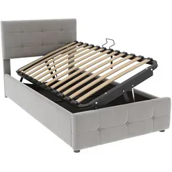 OKWISH Polsterbett mit Stauraum 90x200cm, Samtstoff, höhenverstellbares Kopfteil, hydraulisches Fach, stabile Holz-Metall-Konstruktion, einfache Montage Grau
