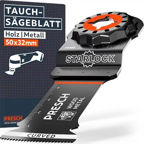 Presch Starlock Sägeblatt Holz & Metall 50x32mm - Multitool Sägeblatt für werkzeuglosen Wechsel - Exakte Schnitte dank robuster BI-Metall Zähne & Curved-Tec Design - Präzises Tauchsägeblatt
