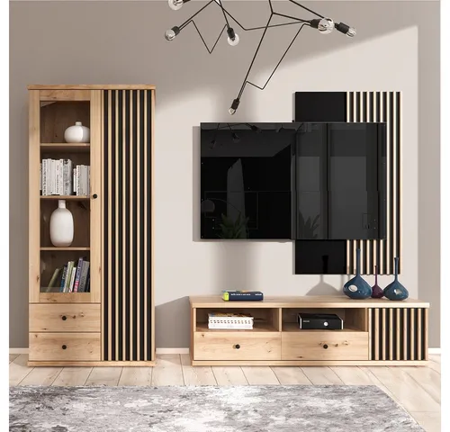 Lomadox Wohnwand CALLAO-161, (3-St., Vitrine Lowboard Wandpaneel), Anbauwand Eiche mit schwarz