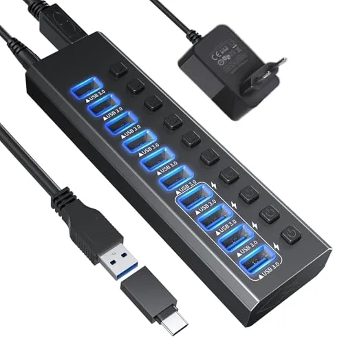 USB-3.0-Hub, Aluminium, 10 Anschlüsse, USB-3.0-Daten-Hub mit 12 V/4 A (48 W) Netzadapter und individuellen An-/Aus-Schaltern und LED