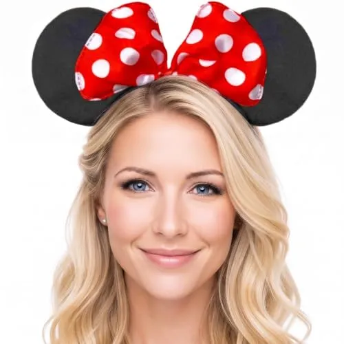 Hatstar Haarreifen mit Maus Ohren | Mouse Ears in schwarz mit roter Schleife und weißen Punkten | Fasching & Karneval | für Kinder und Erwachsene