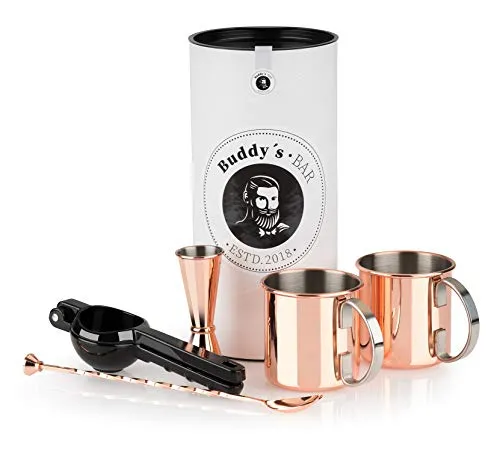 Buddy´s Bar Moscow Mule Komplett Set - Cocktail-Set mit 2 Kupfer-Bechern und Zubehör für die perfekte Cocktail-Zubereitung, ideal als Geschenk in einer ansprechenden Box.