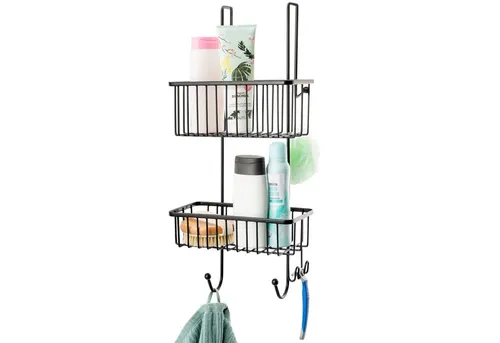 bremermann Duschregal Schwarz, Metall 25x55x12 cm - Badablage mit rostbeständiger PE-Beschichtung für lange Haltbarkeit. Zwei Ablagekörbe und Haken bieten viel Platz für Pflegeprodukte und Handtücher, einfach ohne Werkzeug zu montieren.