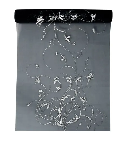 partydeco Tischläufer, Tischläufer Organza Ranken Motiv 36cm x 9m Rolle Schwarz Silber