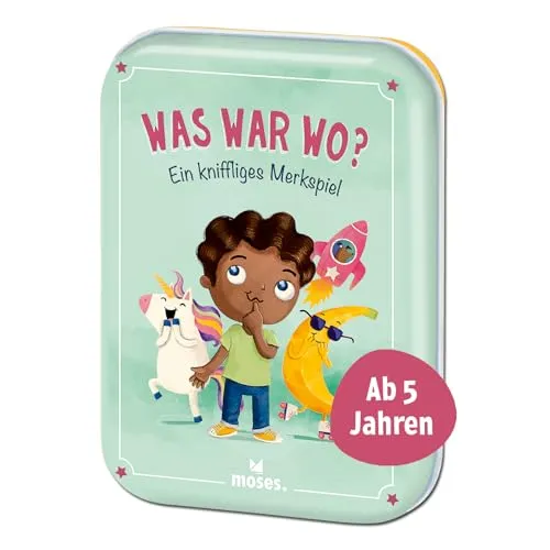 moses.90165 Was war wo? Zeitloses Merkspiel für die ganze Familie, kurzweiliges Kinderspiel lustigen Illustrationen, Reisespiel für Kinder ab 4 Jahren, Brown