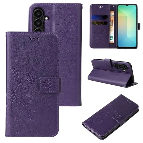 LBH Handy Hülle für Samsung Galaxy A26 5G Case Handytasche Schmetterling Blumen Flower Standfunktion Schutzhülle Magnet Rundum Schutz 360 Grad Flipcase Cover Violett