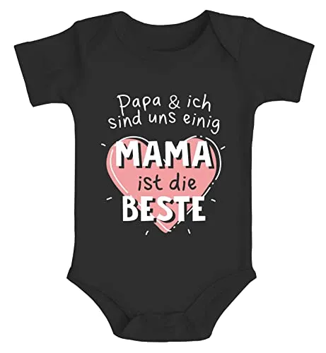 MoonWorks® Baby Body mit Spruch Papa und ich sind uns einig Mama ist die Beste Herz Bio-Baumwolle Jungen & Mädchen schwarz 6-12 Monate