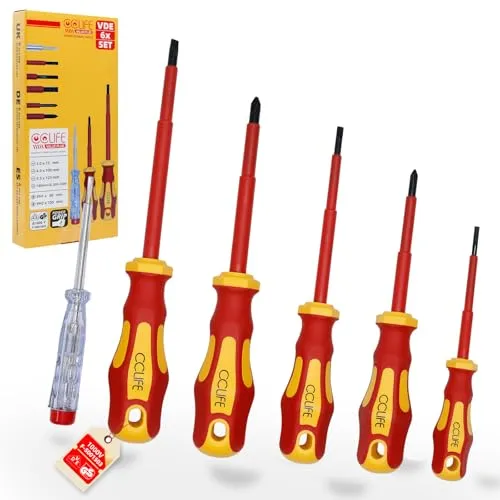 CCLIFE 6-tlg VDE Schraubendreher Set 1000V isoliert mit Spannungsprüfer Schlitz Kreuz PH1 PH2 Anti Rutsch Griff