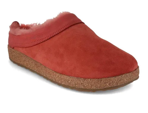 HAFLINGER Lammfellclog Snowbird - Bequeme Filzpantoffel in Orange (Zimt 12), Gr 36 - Hausschuhe aus Lammfell mit anatomisch geformtem Kork-Latex-Fußbett für optimale Fußgesundheit und angenehme Wärme ohne Wärmestau.
