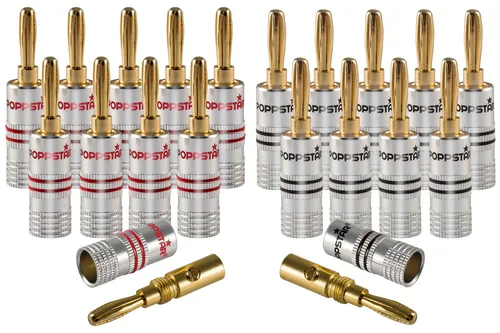 Poppstar 20x High End Bananenstecker - HiFi-Kabel mit 24k vergoldeten Bananensteckern für optimale Signalübertragung, robustes Aluminium-Gehäuse, einfach montierbar für Kabel bis 6 mm², ideal für AV-Receiver und Lautsprecheranschlüsse.