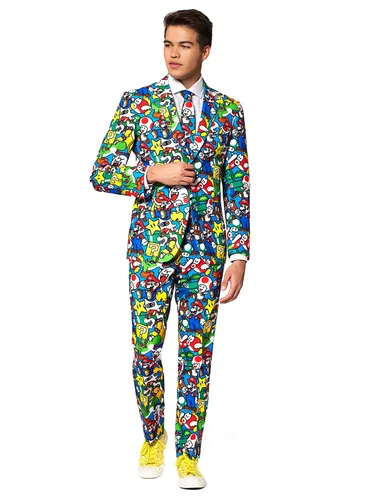 Opposuits Partyanzug Super Mario Kostüm - Bunter Anzug für Karneval und Halloween - Kostüme, dreiteiliger OppoSuits Super Mario Anzug mit Jacket, Hose und Krawatte für ein unvergessliches Kostümevent.
