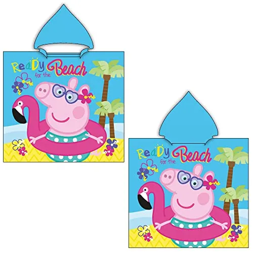 Peppa Wutz Pig Kinder Kapuzen Bade-Poncho Beach 60 x 120 cm 100% Baumwolle Veloursqualität Sunny Poncho Bademantel Pareo Badetuch Strandtuch Duschtuch Handtuch Cartoon Piggie Grampy Rabbit Mümmel