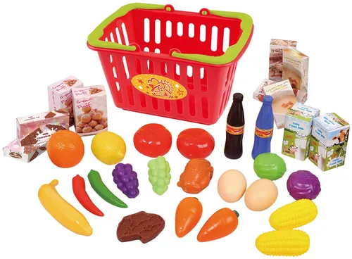 Play Spiel-Einkaufswagen Einkaufskorb mit Spiellebensmittel 32-tlg Kinder Kaufladen Zubehör +2J