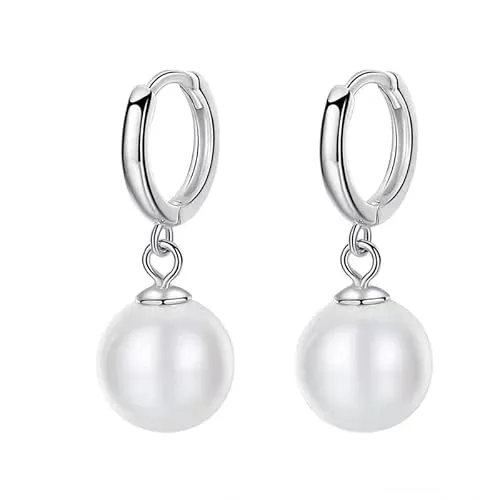 Perlenohrringe 925 Perlenohrringe Hängend für Damen,1 Paar Hypoallergene Silber Ohrringe Damen Creolen Silber 925 Klein Perlenschmuck für Mädchen 10mm
