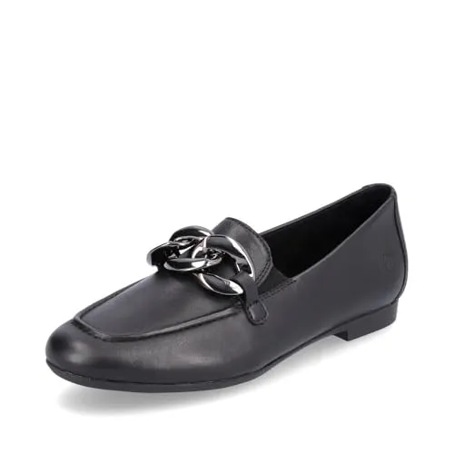 Elegante Loafer REMONTE für Damen, Gr. 40, schwarz - Halbschuhe aus Leder mit auffälliger Zierkette, ideal für Business-Anlässe. Komfortable Slipper mit gepolsterter Innensohle und Gummizug für perfekten Sitz.