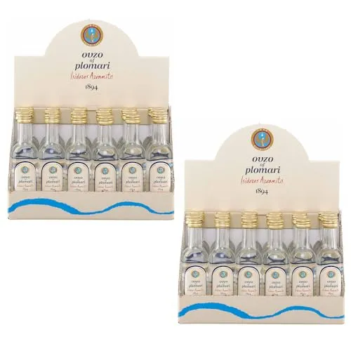 Ouzo Plomari Klopfer 2 Boxen je 24x 0,05l Flasche | Destillerie Arvanitis | 40% Vol. | Ouzo aus Griechenland | +20ml Jassas Olivenöl