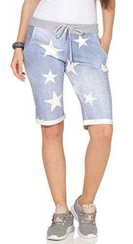 CLEO STYLE Kurze Damen Bermuda, leichte luftige Hose für den Sommer, kurzer Jogger für Freizeit und Strand 9 (Blau Stern)