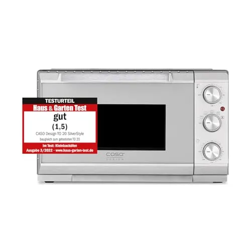 CASO TO 20 SilverStyle - Kompakter Design Backofen mit 5 Funktionen - Minibackofen mit 20 Litern Garraum, ideal für vielseitige Zubereitungen wie Pizza, Braten oder Kuchen. Ausgestattet mit Ober-/Unterhitze, Grill und Drehspieß für krosse Ergebnisse.