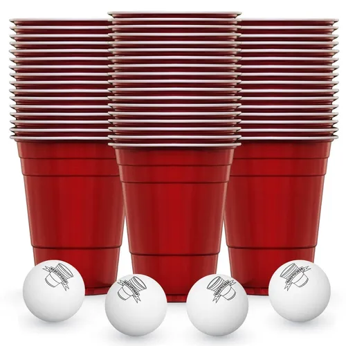Bier Pong Set – 50x Rote Becher + 4 Bälle | Party Cups Trinkspiel