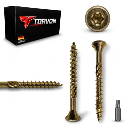 Torvon Premium Konstruktionsschrauben 4,0 x 35 mm Senkkopf TX20 Vollgewinde Holzschrauben gelb verzinkt für Massivholz KVH BSH CLT 500 Stück inkl. Bit