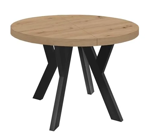 Dekori Möbel Runder Ausziehbarer Tisch für Esszimmer mit Holzbeinen, Pero, Loft-Stil, Skandinavische, Durchmesser Varianten: von 90 bis 220 cm (Eiche Artisan/Schwarz, 90/190 cm)