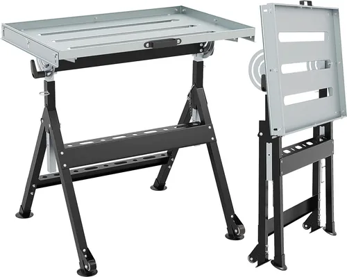 COSTWAY Klappbarer Schweißtisch Mobil, 180kg Tragfähigkeit, 4 Höhen & Winkel anpassbar - Robuster Schweißtisch mit galvanisierter Tischplatte und verstärktem Metallrahmen. Ideal für Schweißarbeiten, bietet Platz für Werkzeuge und lässt sich leicht transportieren und verstauen.