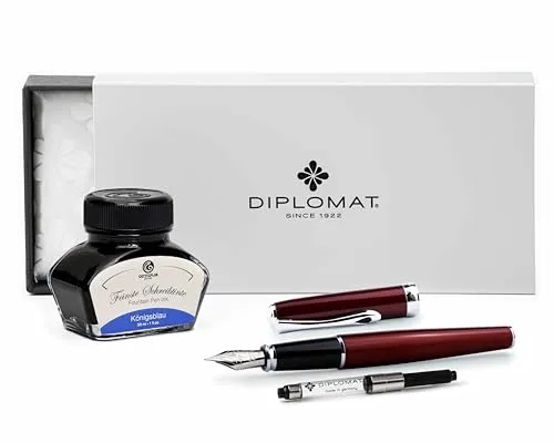 Diplomat Excellence A2 Magma Rot, Füllfederhalter mit Schreibtinte und Konverter, Füller mit Edelstahlfeder Stärke M, Füllhalter-Set