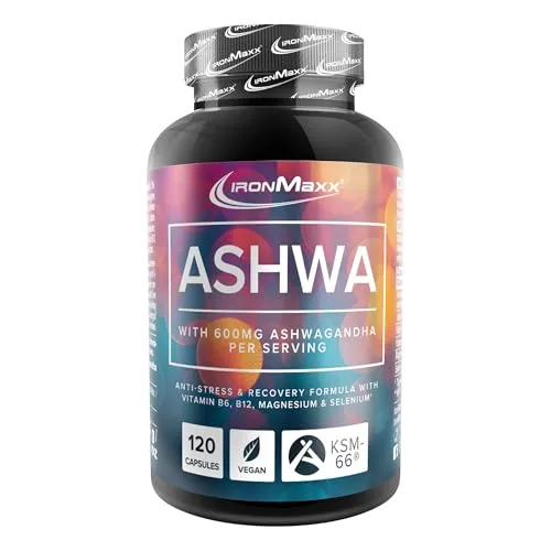 IronMaxx Ashwagandha - 120 Kapseln | 600mg KSM-66® pro Tagesdosis | Mit Vitamin B6 & B12 | mit Magnesium & Selenium | Vegan
