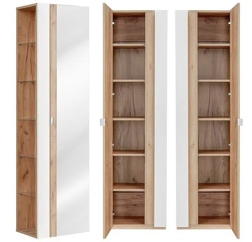 Lomadox Hochschrank TOSKANA-56 mit Spiegel - Hochschrank für das Badezimmer in Weiß-Hochglanz, B/H/T ca. 45/170/33cm, mit Soft-Close-Tür und 6 Fächern für optimalen Stauraum.